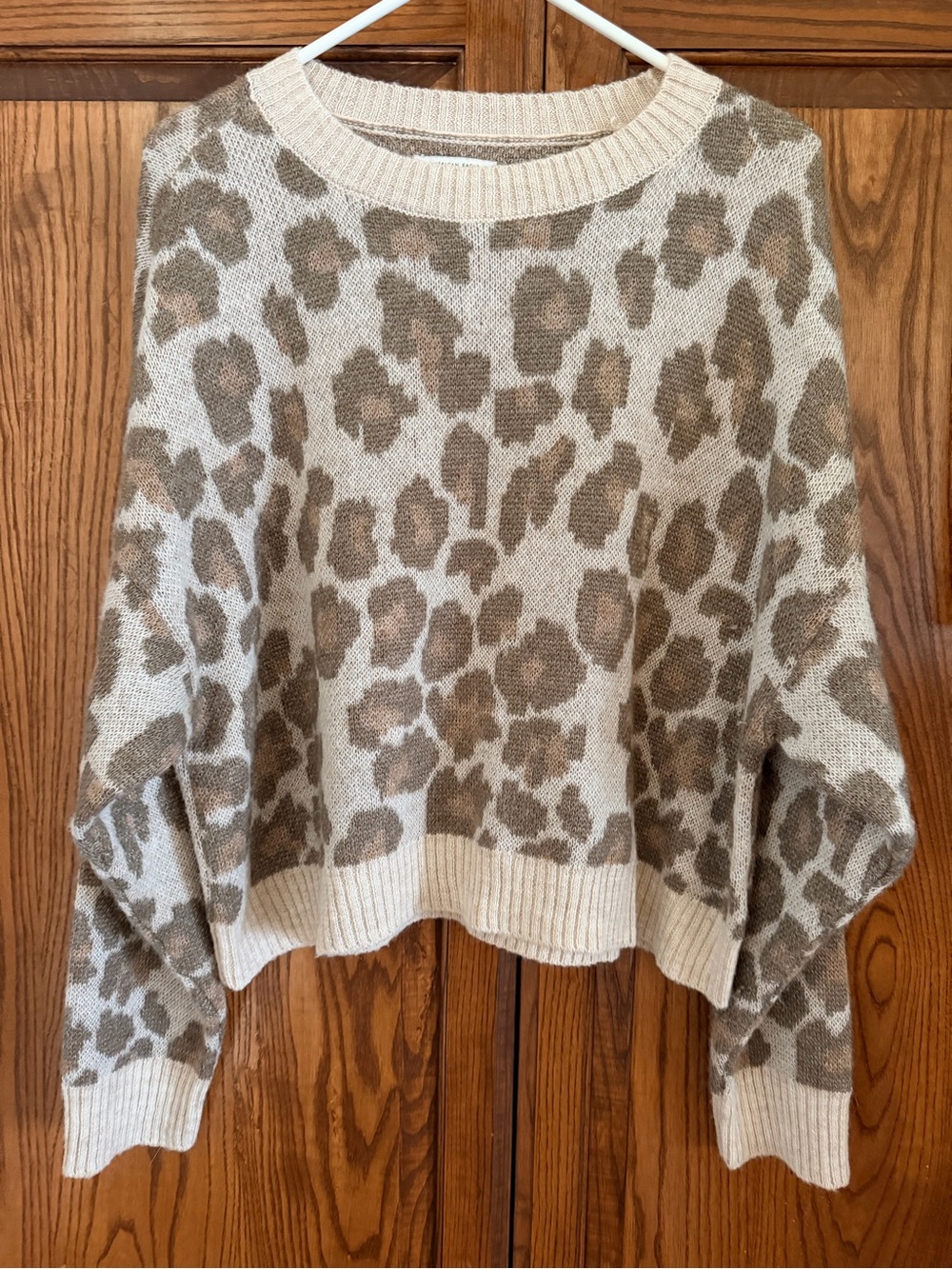 American Eagle Outfitters Beige and Brown Leopard Crewneck Sweater